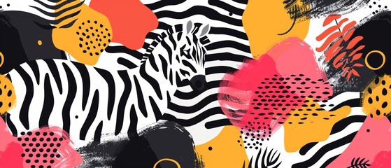 Obraz premium Vibrant abstract animal pattern with zebra stripes, bright colors, and shapes. Ideal for fashion, decoration, and design.