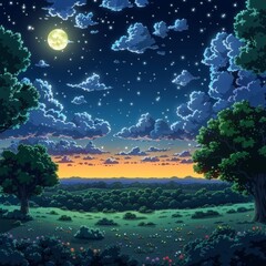 Fototapeta premium beautiful jungle landscape nature digital art with moon shining in night scene illustration, night view with colorful cool bluish effect and clouds with dark sky through foggy, greeny mountain range c