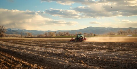 A tractor plows the field, working hard to plant crops in springtime