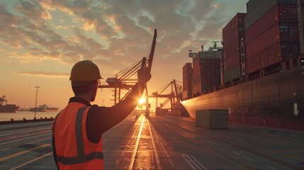 Dawn at a busy shipping port with a logistics professional pointing towards containers and cranes, illustrating the start of a productive day in logistics. Ideal for themes of global trade and shippin