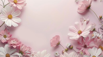 Frame of delicate pink and white flowers arranged on a soft pink background. The flowers, likely cosmos, create a beautiful and elegant border with plenty of copy space in the center.