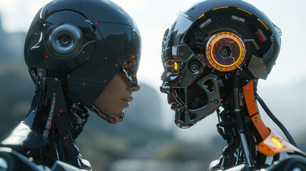 Fototapeta premium Couple of robots in love, abstract surroundings