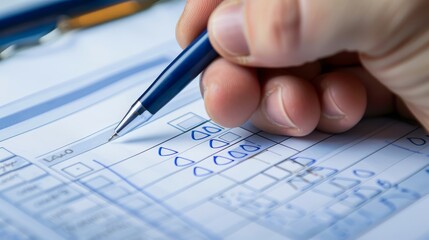 Accurate healthcare documentation, Doctor filling out survey paperwork and marking checkboxes. Ideal for themes of medical administration and patient care