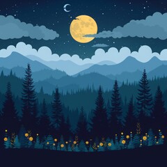 beautiful jungle landscape nature digital art with moon shining in night scene illustration, night view with colorful cool bluish effect and clouds with dark sky through foggy, greeny mountain range c