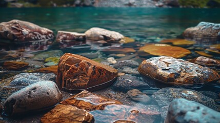 Beautiful stones with intricate patterns found near a crystal-clear lake, showcasing the unique beauty of natural elements. Great for landscape and nature visuals
