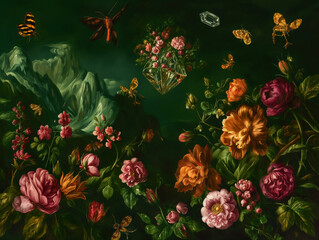 Surreal art fantasy scene secret mysterious garden of flowers and plants, peonies, tulips, roses, orchids, fruits. Baroque, renaissance style, rich colors, dramatic lighting, oil painting illustration