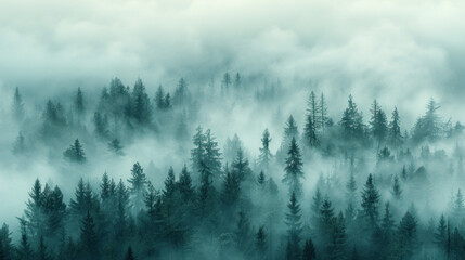 Thick fog covering wet forest, gloomy weather