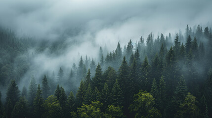 Hills covered with forest, dense fog, overcast, gloomy depressive weather