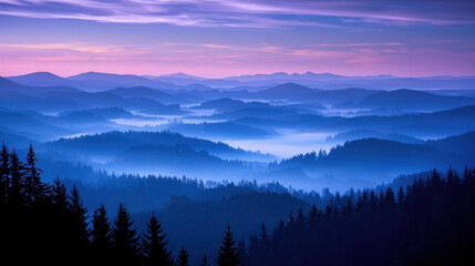 Obraz premium Blue sunset over hilly forest. Fog, overcast, gloomy weather