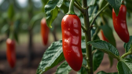 closeup of red jalapeno on tree in farm