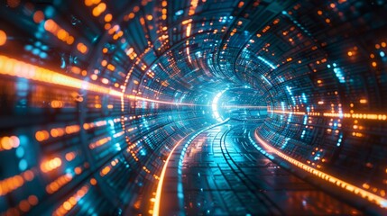 Vibrant futuristic tunnel with glowing lights, creating a mesmerizing sci-fi atmosphere perfect for a modern technology-themed visual.