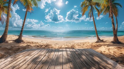 Summer Panoramic Tropical Beach: Golden Sand, Palm Trees, Sea, and Wooden Platform Under Blue Sky with White Clouds - Perfect for Vacation