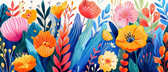 Vibrant watercolor painting of assorted flowers in full bloom, featuring bright colors and various floral designs, perfect for wall art. - Powered by Adobe