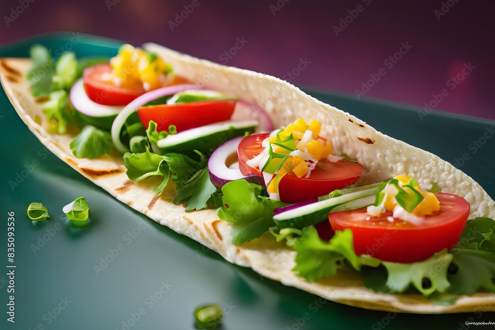 Wall mural Mouthwatering chicken avocado tacos showcased on a rustic wood table.