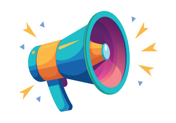 A cartoonish megaphone with a bright orange handle and a blue and pink speaker