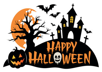 A Halloween sign with a tree, bats, and a castle