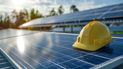 Yellow safety helmet resting on solar panel with sunlight reflecting, symbolizing solar energy, sustainability, and renewable energy technology advancements.