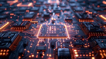 Obraz premium High-Tech Circuit Board: Capture a high-tech background with intricate circuit board designs and glowing digital elements.