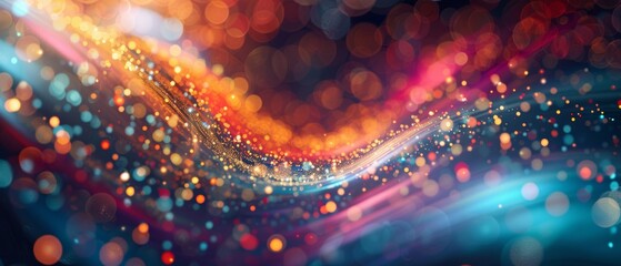 A mesmerizing colorful abstract background featuring flowing waves of bokeh lights in vibrant blue, gold, and purple hues.