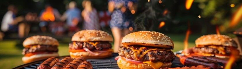 Traditional American barbecue with burgers and hot dogs, families gathering for a Fourth of July celebration