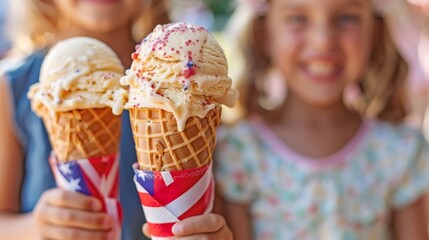 Kids enjoying ice cream cones with American flag napkins, summer treat, outdoor gathering, Fourth of July delight, Independence Day celebration, copy space