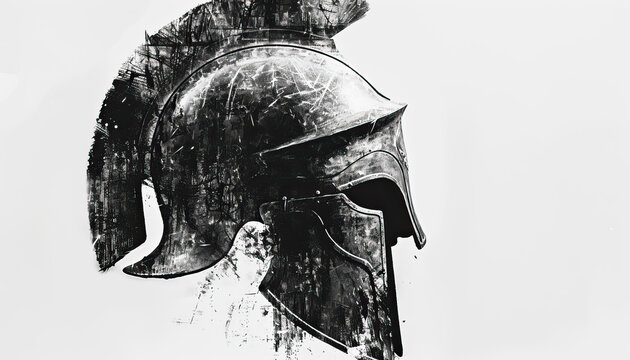 Parthian warrior helmet illustration, modern graphic design, isolated, copy and text space, close-up, macro, white background, black and white. Template, banner, background, wallpaper, backdrop

