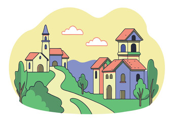 Naklejka premium A cartoon drawing of a village with houses and a church