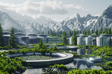 A hyper-advanced waste processing plant with bioreactors converting organic waste into energy amidst a backdrop of pristine nature