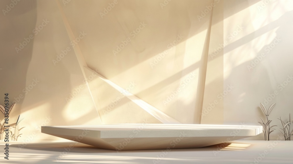 Poster A minimalist room with an elegant, geometric centerpiece illuminated by sunlight streaming through angular windows.