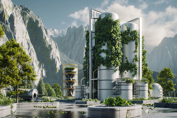 A hyper-advanced waste processing plant with bioreactors converting organic waste into energy amidst a backdrop of pristine nature