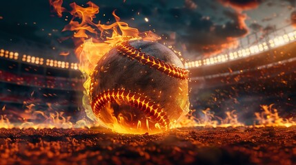 Fiery baseball on a stadium field with flames bursting out.