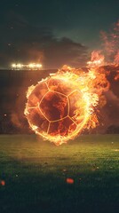 A soccer ball engulfed in flames flies through the air.