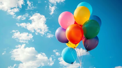 Colorful balloons floating in a blue sky with white clouds.