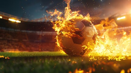 A soccer ball engulfed in flames on a grassy field.