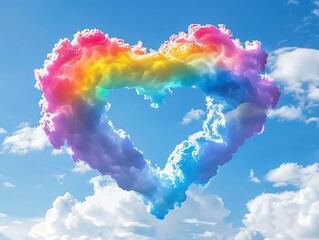 Rainbow heart shaped cloud in blue sky