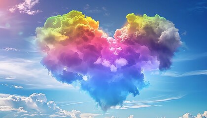 Rainbow heart shaped cloud in a blue sky.