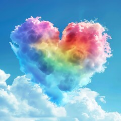 Rainbow heart-shaped cloud in a blue sky.