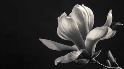 This black and white photograph captures the delicate beauty of a magnolia flower in full bloom. The petals are soft and velvety, and the light catches the delicate curves and textures of the flower.