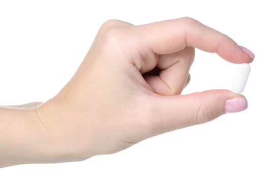 One white pill in hand pharmacy health on white background isolation