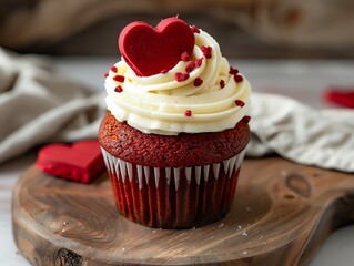 Red velvet cupcake with cream cheese frosting and heart-shaped sprinkles, perfect for Valentine's Day.