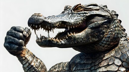Obraz premium Muscular Alligator Engaging in Fierce Fist pumping Fight on White Studio Background