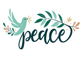 A bird is depicted in a leafy branch with the word "peace" written below it