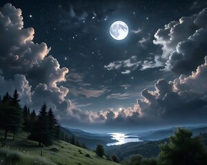 Landscape mountain with cloud and moon