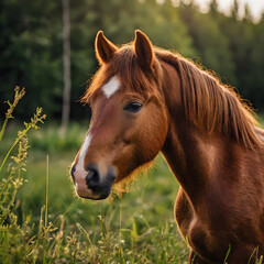Fototapeta premium Portrait of a red pony in a meadow