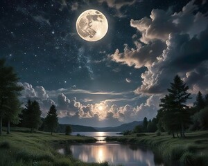 Landscape mountain with cloud and moon