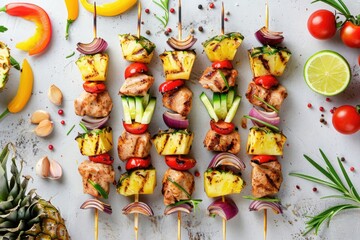 Grilled Chicken and Pineapple Skewers on a Rustic Table