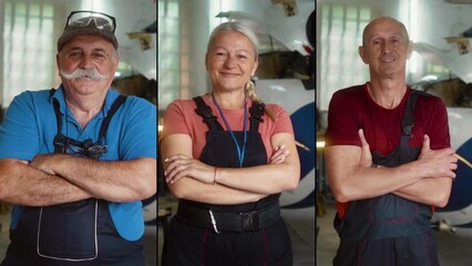 Collage of portraits of mature woman and two senior male mechanics of helicopter in garage on airport, standing smiling and looking at camera