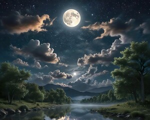 Landscape mountain with cloud and moon