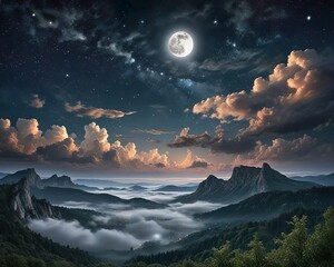 Landscape mountain with cloud and moon