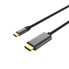 USB-C to HDMI cabel with gold connectors ona white background.